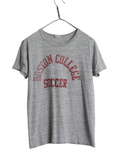 60s 70s USA製 2段 カレッジ プリント Tシャツ L メンズ S 程 ヴィンテージ シングルステッチ ラッセル 金タグ 霜降り グレー カットソー