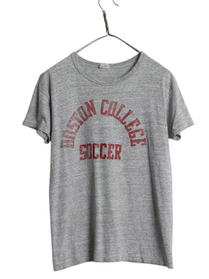 60s 70s USA製 2段 カレッジ プリント Tシャツ L メンズ S 程 ヴィンテージ シングルステッチ ラッセル 金タグ 霜降り グレー カットソー