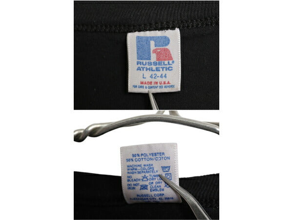 90s USA製 メッセージ キャラクター 両面 プリント Tシャツ メンズ L 古着 オールド ラッセル グラフィック アニマル シングルステッチ 黒