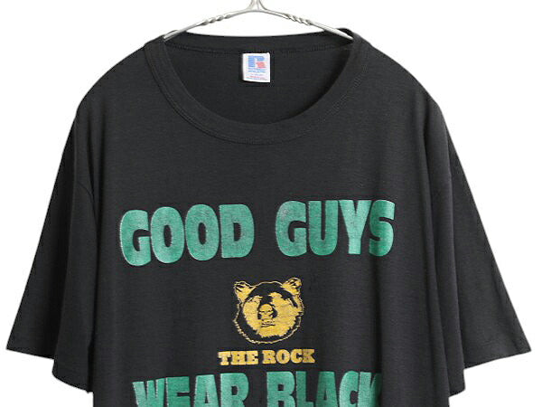 90s USA製 メッセージ キャラクター 両面 プリント Tシャツ メンズ L 古着 オールド ラッセル グラフィック アニマル シングルステッチ 黒