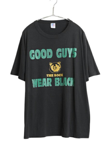 90s USA製 メッセージ キャラクター 両面 プリント Tシャツ メンズ L 古着 オールド ラッセル グラフィック アニマル シングルステッチ 黒