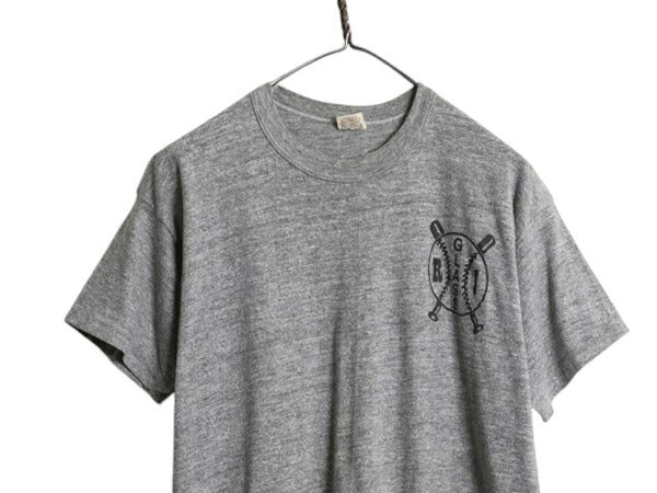 80s USA製 ベースボール プリント Tシャツ メンズ XL 小さめ L ヴィンテージ ラッセル 金タグ イラスト シングルステッチ 霜降り グレー 灰