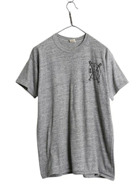80s USA製 ベースボール プリント Tシャツ メンズ XL 小さめ L ヴィンテージ ラッセル 金タグ イラスト シングルステッチ 霜降り グレー 灰