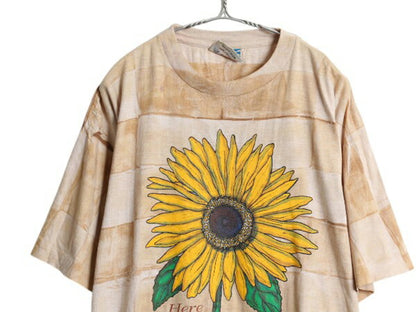 90s ひまわり イラスト プリント デザイン Tシャツ メンズ レディース XXL 古着 オールド アート シングルステッチ タイダイ 大きいサイズ