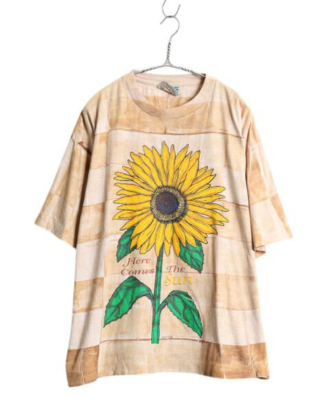 90s ひまわり イラスト プリント デザイン Tシャツ メンズ レディース XXL 古着 オールド アート シングルステッチ タイダイ 大きいサイズ