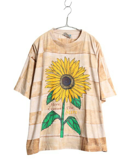 90s ひまわり イラスト プリント デザイン Tシャツ メンズ レディース XXL 古着 オールド アート シングルステッチ タイダイ 大きいサイズ