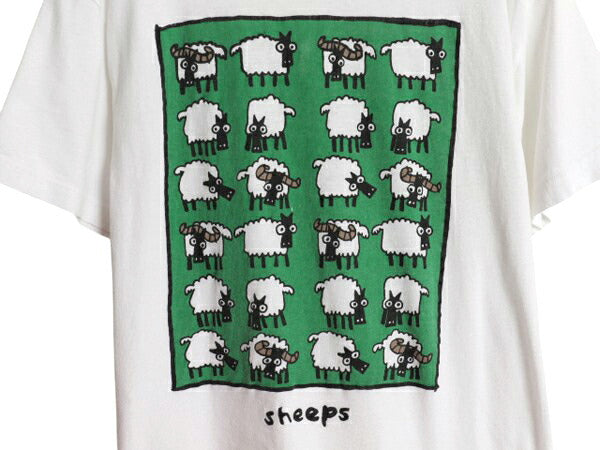 80s ヒツジ アート イラスト プリント Tシャツ メンズ レディース M 程/ ヴィンテージ アニマル シープ キャラクター グラフィック 白 動物
