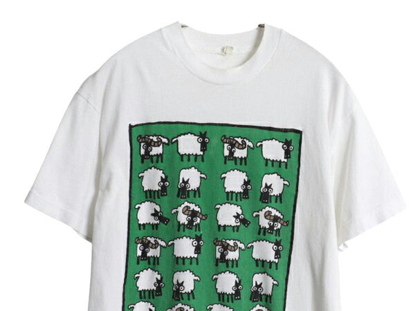 80s ヒツジ アート イラスト プリント Tシャツ メンズ レディース M 程/ ヴィンテージ アニマル シープ キャラクター グラフィック 白 動物