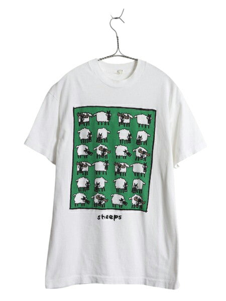 80s ヒツジ アート イラスト プリント Tシャツ メンズ レディース M 程/ ヴィンテージ アニマル シープ キャラクター グラフィック 白 動物