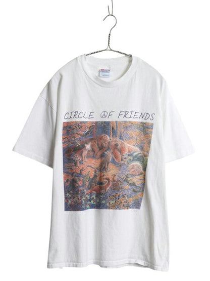 90s アニマル アート イラスト プリント Tシャツ メンズ レディース L 古着 オールド 絵画 グラフィック アート 動物 シングルステッチ 白