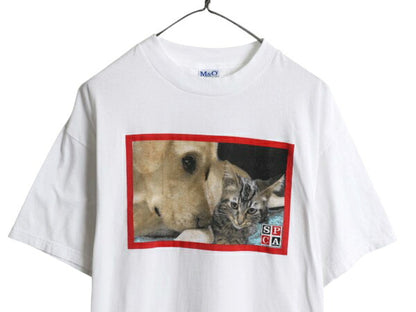 00s ネコ ドッグ フォト イラスト プリント Tシャツ メンズ レディース L オールド アニマル ヘビーウェイト 動物 SPCA 企業物 トップス 白