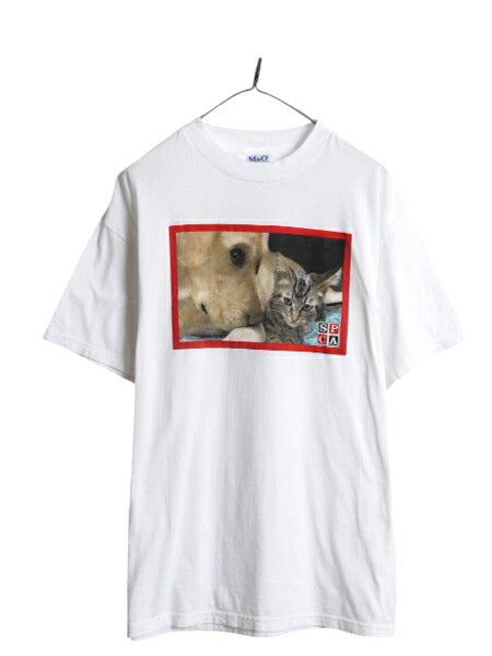 00s ネコ ドッグ フォト イラスト プリント Tシャツ メンズ レディース L オールド アニマル ヘビーウェイト 動物 SPCA 企業物 トップス 白