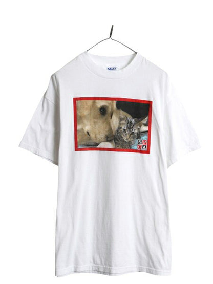 00s ネコ ドッグ フォト イラスト プリント Tシャツ メンズ レディース L オールド アニマル ヘビーウェイト 動物 SPCA 企業物 トップス 白