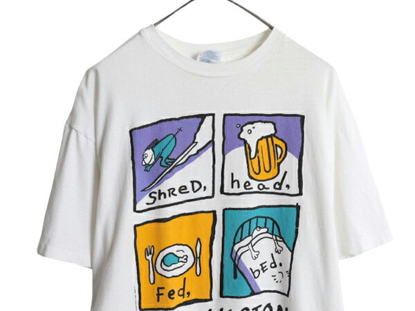 90s USA製 アート イラスト プリント Tシャツ メンズ XL オールド グラフィック ポップ スキー リゾート シングルステッチ 大きいサイズ 白