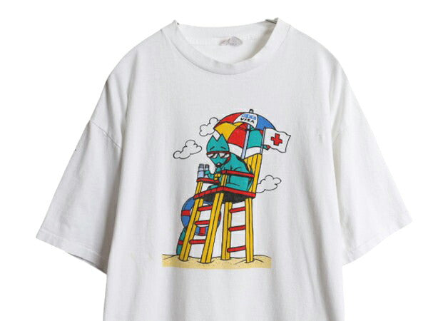 90s USA製 企業 イラスト キャラクター プリント Tシャツ メンズ XL / オールド グラフィック GTE VISA シングルステッチ 大きいサイズ 白
