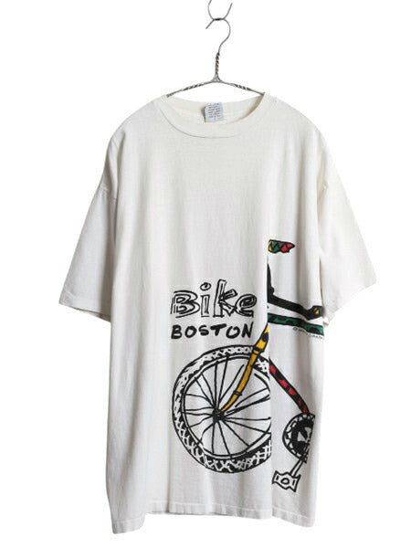 90s USA製 アート イラスト プリント Tシャツ メンズ XL / オールド グラフィック 自転車 ラスタ シングルステッチ 大きいサイズ ホワイト