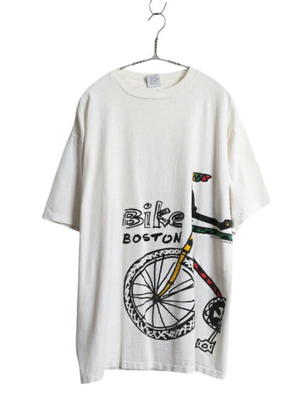 90s USA製 アート イラスト プリント Tシャツ メンズ XL / オールド グラフィック 自転車 ラスタ シングルステッチ 大きいサイズ ホワイト