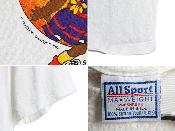 90s USA製 キッズ L ■ キャラクター メッセージ プリント 半袖 Tシャツ レディース M 程/ 古着 90年代 オールド イラスト 白 ALLSPORT 白T