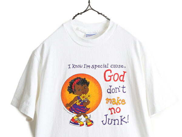 90s USA製 キッズ L ■ キャラクター メッセージ プリント 半袖 Tシャツ レディース M 程/ 古着 90年代 オールド イラスト 白 ALLSPORT 白T