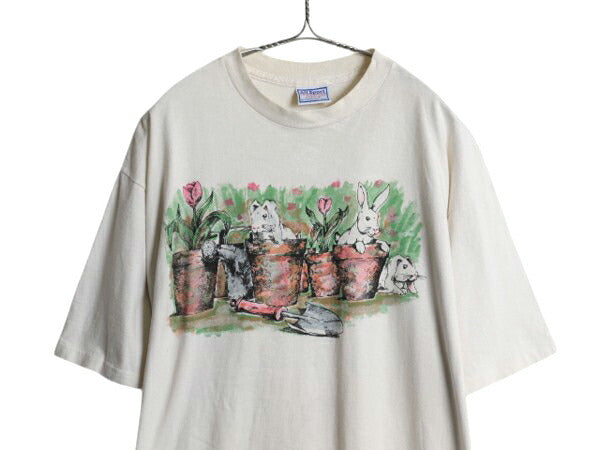 90s USA製 ラビット アート イラスト プリント Tシャツ メンズ レディース XL 古着 オールド アニマル グラフィック 絵画 シングルステッチ