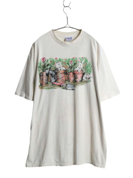 90s USA製 ラビット アート イラスト プリント Tシャツ メンズ レディース XL 古着 オールド アニマル グラフィック 絵画 シングルステッチ