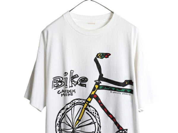 90s USA製 アート イラスト プリント Tシャツ メンズ XL 程 オールド グラフィック 自転車 ラスタ シングルステッチ 大きいサイズ ホワイト