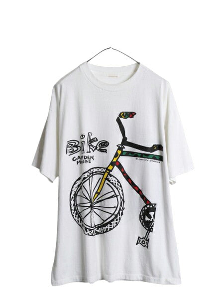90s USA製 アート イラスト プリント Tシャツ メンズ XL 程 オールド グラフィック 自転車 ラスタ シングルステッチ 大きいサイズ ホワイト