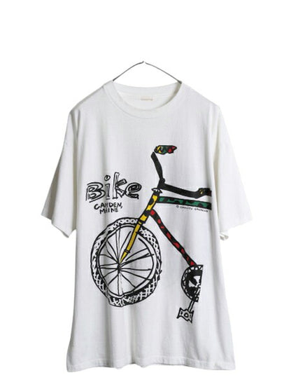 90s USA製 アート イラスト プリント Tシャツ メンズ XL 程 オールド グラフィック 自転車 ラスタ シングルステッチ 大きいサイズ ホワイト