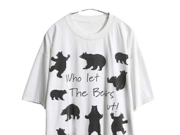 90s ベア イラスト メッセージ プリント Tシャツ メンズ レディース XL / オールド アニマル クマ グラフィック アート プリントT ホワイト