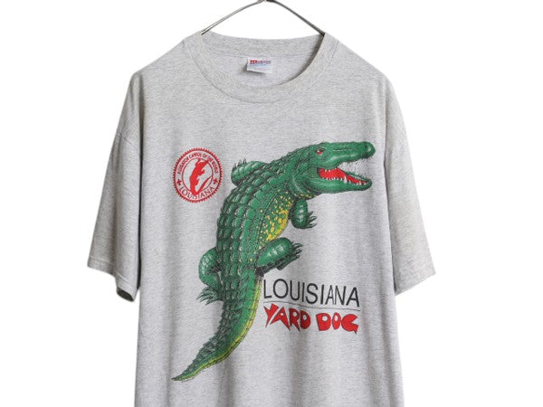 90s ワニ イラスト プリント 半袖 Tシャツ メンズ L 古着 オールド 当時物 アニマル アート グラフィック アリゲーター カットソー グレー
