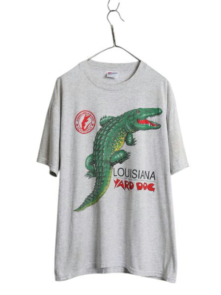 90s ワニ イラスト プリント 半袖 Tシャツ メンズ L 古着 オールド 当時物 アニマル アート グラフィック アリゲーター カットソー グレー