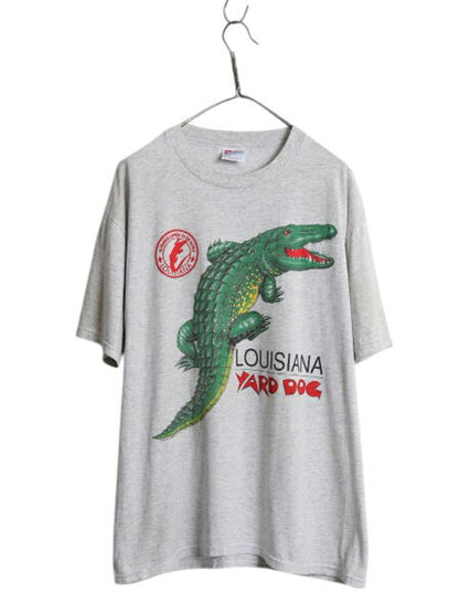 90s ワニ イラスト プリント 半袖 Tシャツ メンズ L 古着 オールド 当時物 アニマル アート グラフィック アリゲーター カットソー グレー