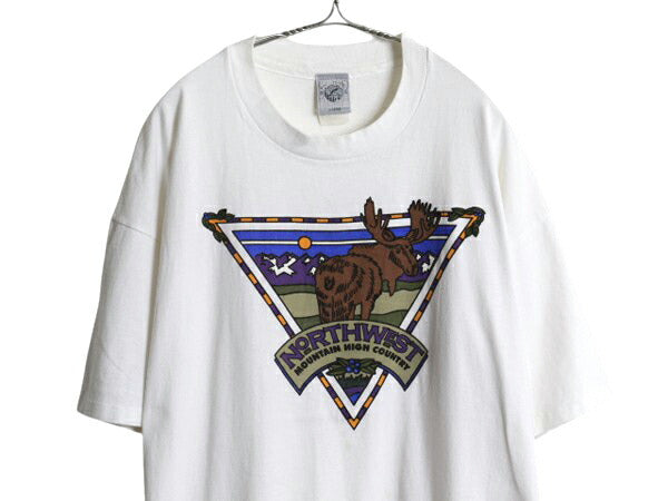 90s USA製 ヘラジカ イラスト プリント Tシャツ メンズ XL / 古着 アニマル グラフィック アート アウトドア ハンティング 白 大きいサイズ