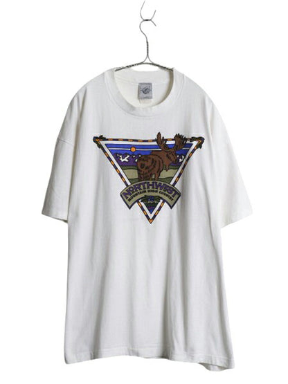 90s USA製 ヘラジカ イラスト プリント Tシャツ メンズ XL / 古着 アニマル グラフィック アート アウトドア ハンティング 白 大きいサイズ