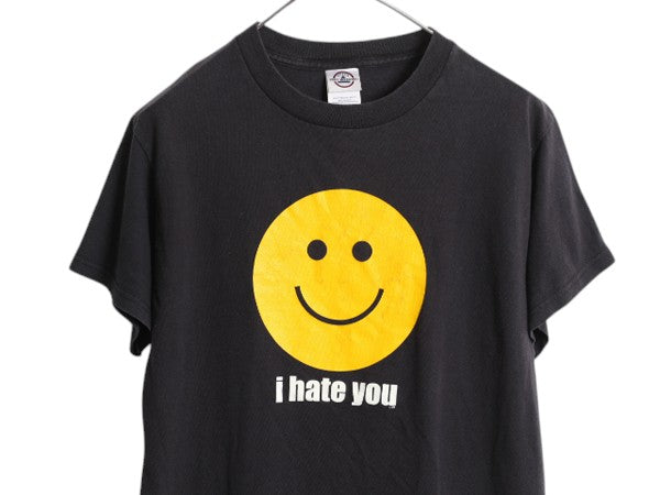 00s スマイル イラスト メッセージ プリント Tシャツ メンズ レディース S 古着 オールド キャラクター グラフィック アート ニコちゃん 黒