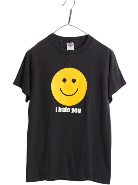 00s スマイル イラスト メッセージ プリント Tシャツ メンズ レディース S 古着 オールド キャラクター グラフィック アート ニコちゃん 黒