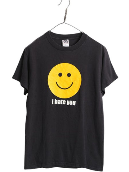 00s スマイル イラスト メッセージ プリント Tシャツ メンズ レディース S 古着 オールド キャラクター グラフィック アート ニコちゃん 黒