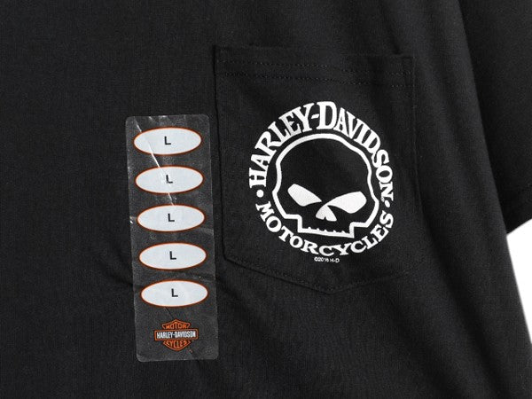 デッドストック ハーレー ダビッドソン 両面 プリント ポケット付き 半袖 Tシャツ メンズ L オフィシャル バイク イラスト ポケT スカル 黒