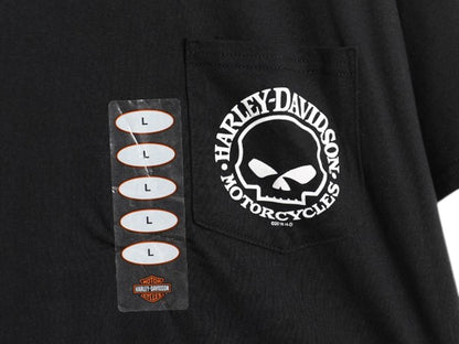 デッドストック ハーレー ダビッドソン 両面 プリント ポケット付き 半袖 Tシャツ メンズ L オフィシャル バイク イラスト ポケT スカル 黒