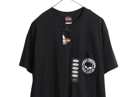 デッドストック ハーレー ダビッドソン 両面 プリント ポケット付き 半袖 Tシャツ メンズ L オフィシャル バイク イラスト ポケT スカル 黒