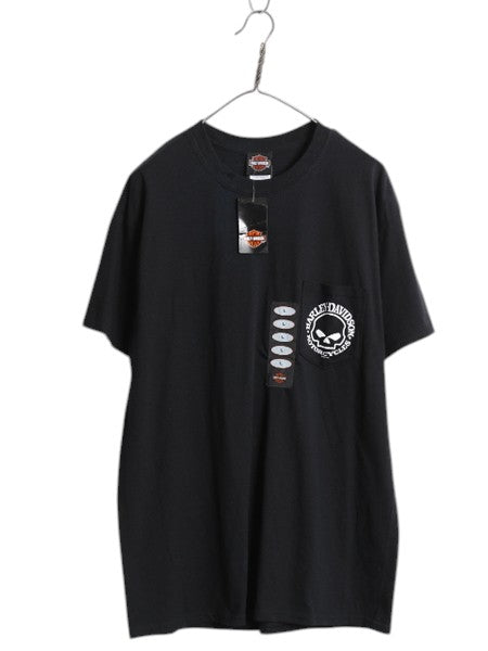 デッドストック ハーレー ダビッドソン 両面 プリント ポケット付き 半袖 Tシャツ メンズ L オフィシャル バイク イラスト ポケT スカル 黒
