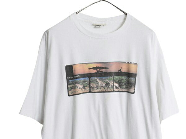 90s USA製 バナナリパブリック フォト イラスト プリント Tシャツ メンズ XL オールド 当時物 アート サファリ アウトドア 大きいサイズ 白