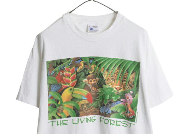 90s USA製 アニマル イラスト プリント Tシャツ メンズ L 古着 オールド アート グラフィック ヘビーウェイト シングルステッチ 当時物 白