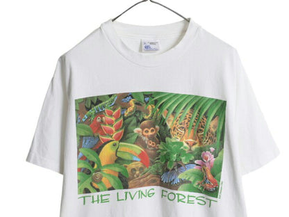 90s USA製 アニマル イラスト プリント Tシャツ メンズ L 古着 オールド アート グラフィック ヘビーウェイト シングルステッチ 当時物 白