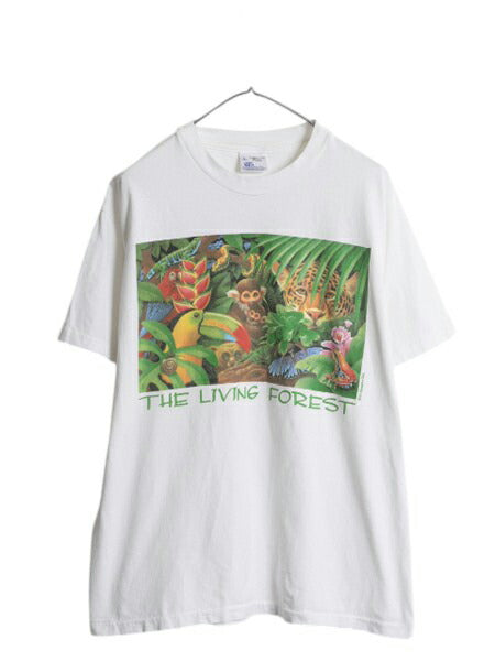 90s USA製 アニマル イラスト プリント Tシャツ メンズ L 古着 オールド アート グラフィック ヘビーウェイト シングルステッチ 当時物 白