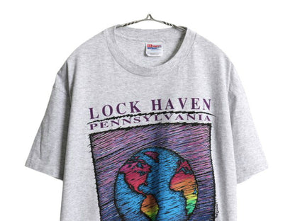 デッドストック 90s アート イラスト メッセージ プリント Tシャツ メンズ L / 新品 オールド グラフィック シングルステッチ カレッジ 灰