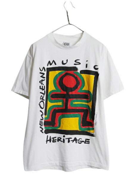 90s USA製 ラスタ アート イラスト プリント Tシャツ メンズ L / オールド グラフィック バンド 音物 シングルステッチ ヘビーウェイト 白