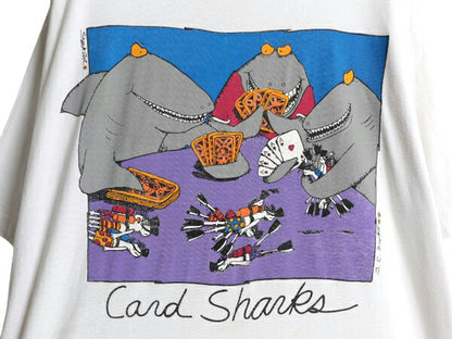 90s サメ ジョーク イラスト プリント Tシャツ メンズ XL オールド グラフィック アニマル キャラクター シングルステッチ 大きいサイズ 白
