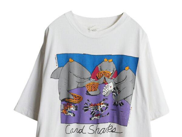 90s サメ ジョーク イラスト プリント Tシャツ メンズ XL オールド グラフィック アニマル キャラクター シングルステッチ 大きいサイズ 白