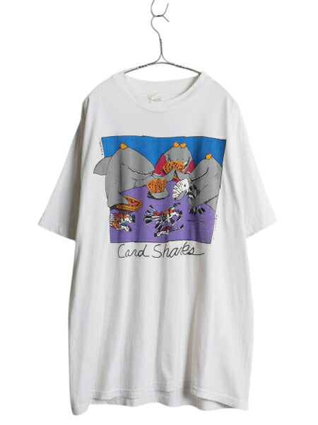 90s サメ ジョーク イラスト プリント Tシャツ メンズ XL オールド グラフィック アニマル キャラクター シングルステッチ 大きいサイズ 白